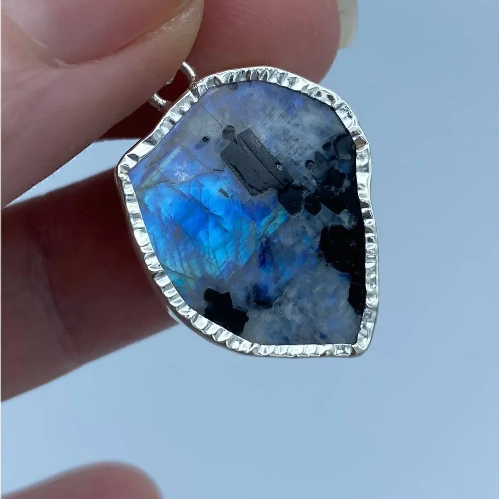 Black Tourmaline In Rainbow Moonstone Slice Sterling Silver Pendant